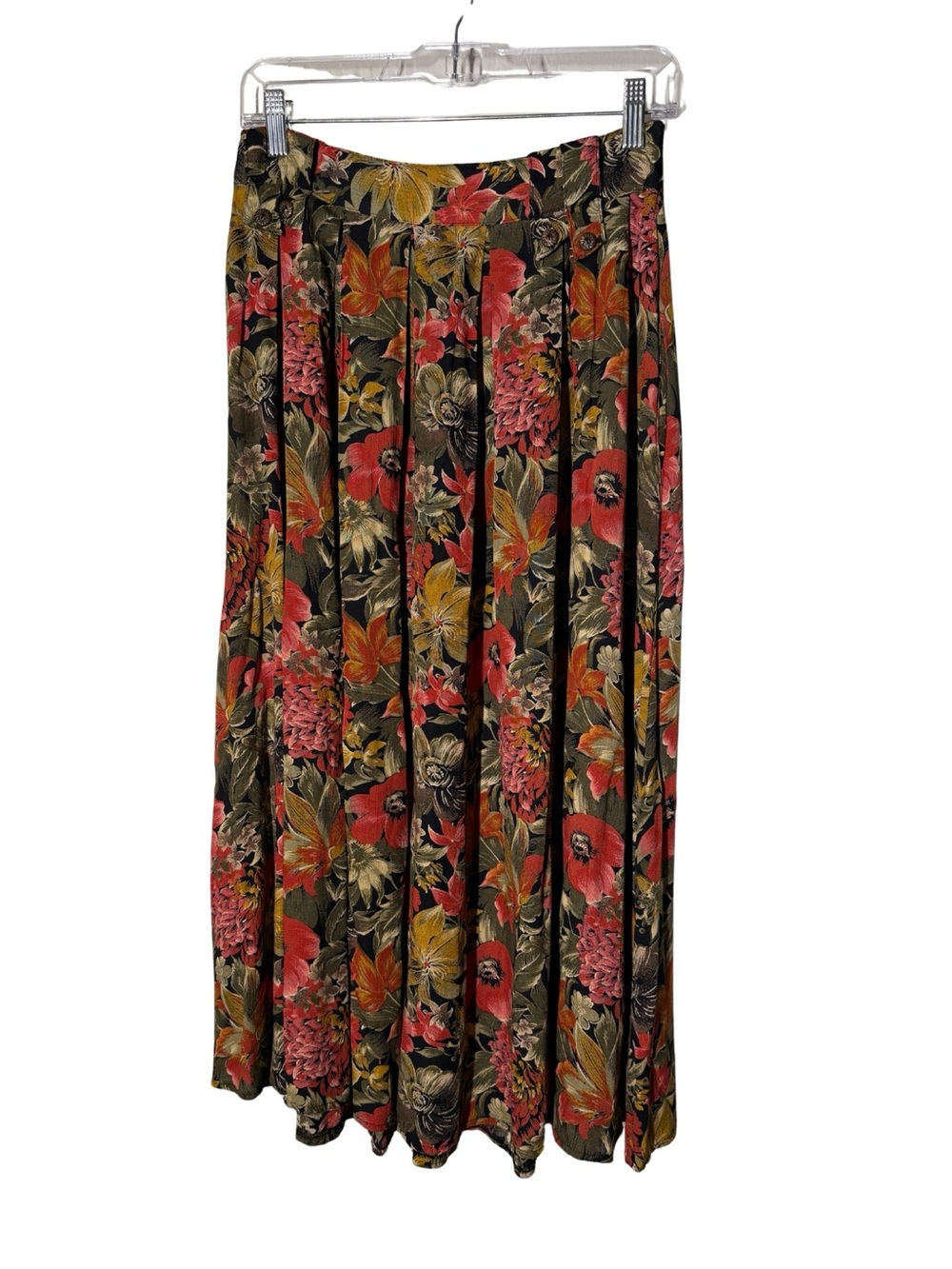 Vintage Made in France Floral Pleated Midi Skirt Stretch Waist Boho Women's